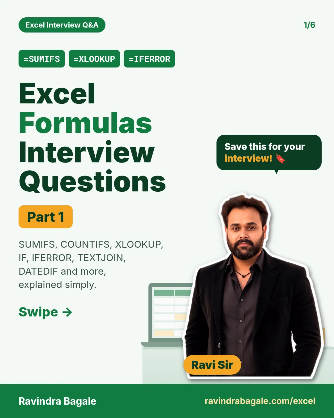 Cover card: Excel Formulas Interview Questions, Part 1, covering SUMIFS, COUNTIFS, XLOOKUP, IF, IFERROR, TEXTJOIN and DATEDIF.