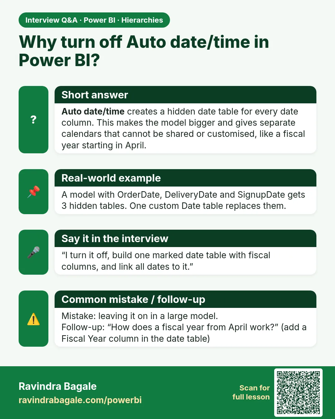 Why turn off Auto date/time in Power BI? Auto date/time creates a hidden date table for every date column. This makes the model bigger and gives separate calendars that cannot be shared or customised, like a fiscal year starting in April.