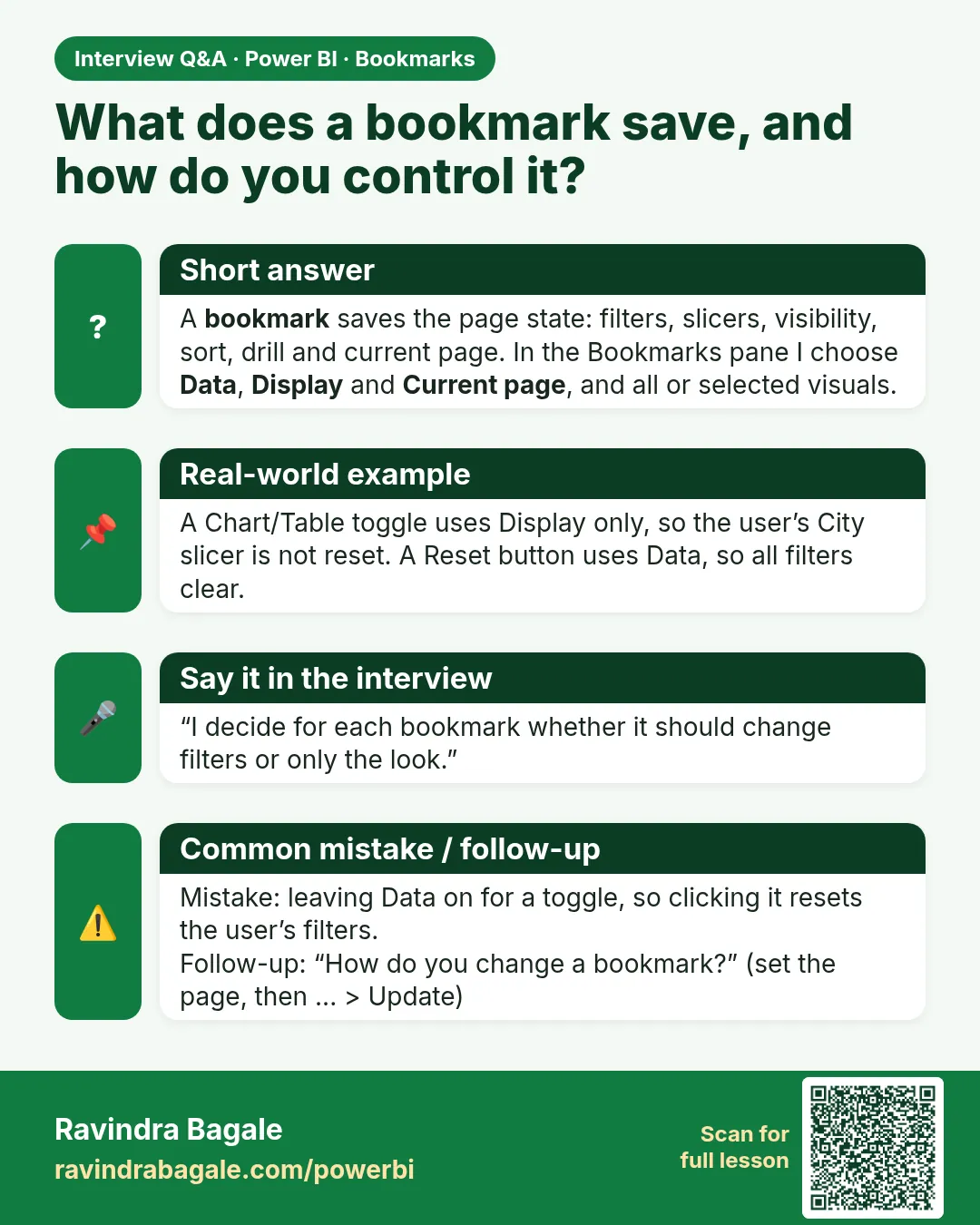 What does a bookmark save, and how do you control it? A bookmark saves the page state: filters, slicers, visibility, sort, drill and current page. In the Bookmarks pane I choose Data, Display and Current page, and all or selected visuals.