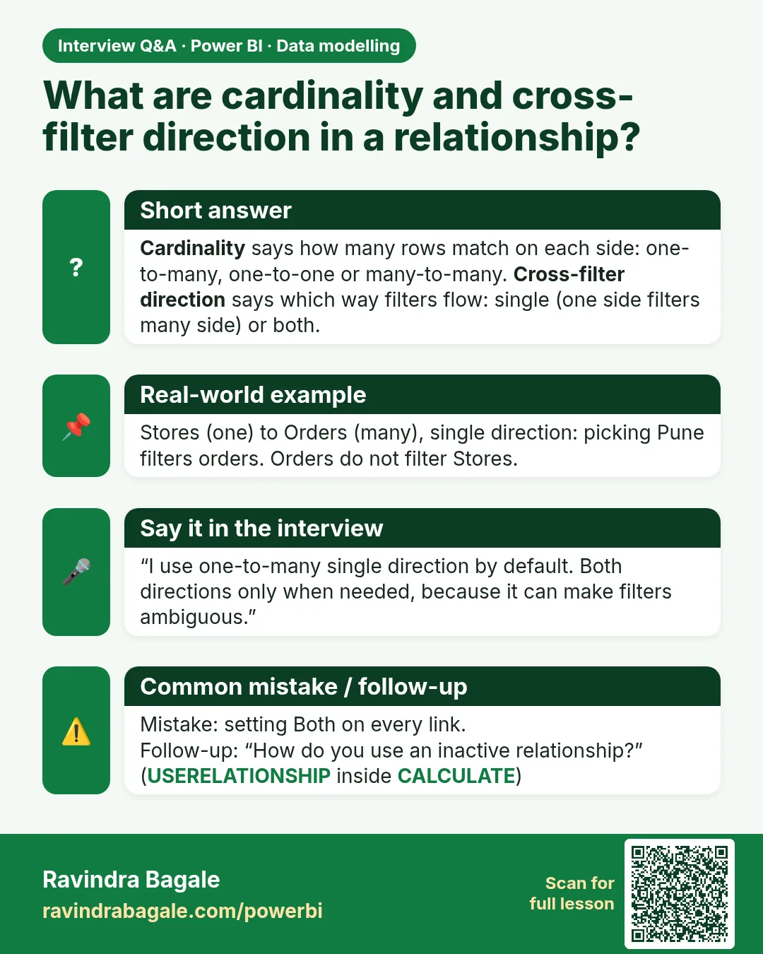 What are cardinality and cross-filter direction in a relationship? Cardinality says how many rows match on each side: one-to-many, one-to-one or many-to-many. Cross-filter direction says which way filters flow: single (one side filters many side) or both.