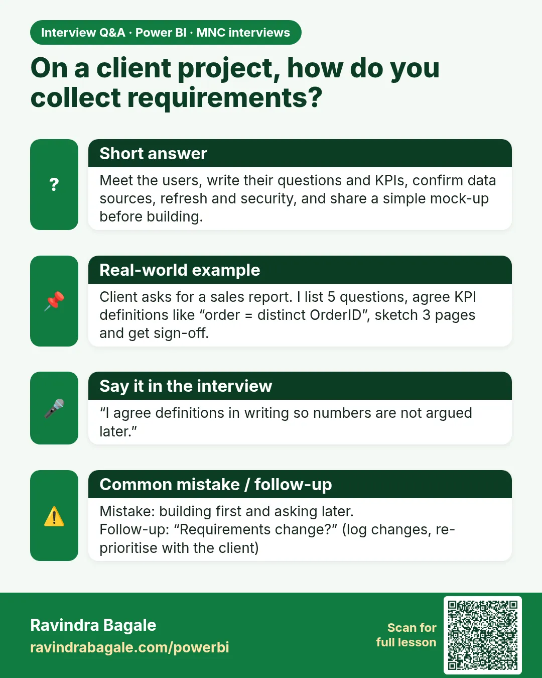 On a client project, how do you collect requirements? Meet the users, write their questions and KPIs, confirm data sources, refresh and security, and share a simple mock-up before building.