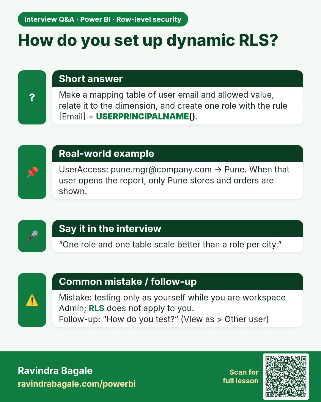How do you set up dynamic RLS? Make a mapping table of user email and allowed value, relate it to the dimension, and create one role with the rule [Email] = USERPRINCIPALNAME().