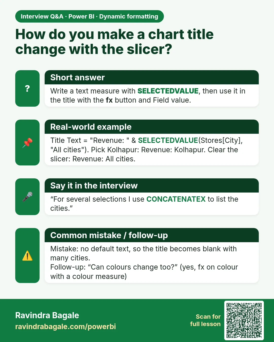 How do you make a chart title change with the slicer? Write a text measure with SELECTEDVALUE, then use it in the title with the fx button and Field value.
