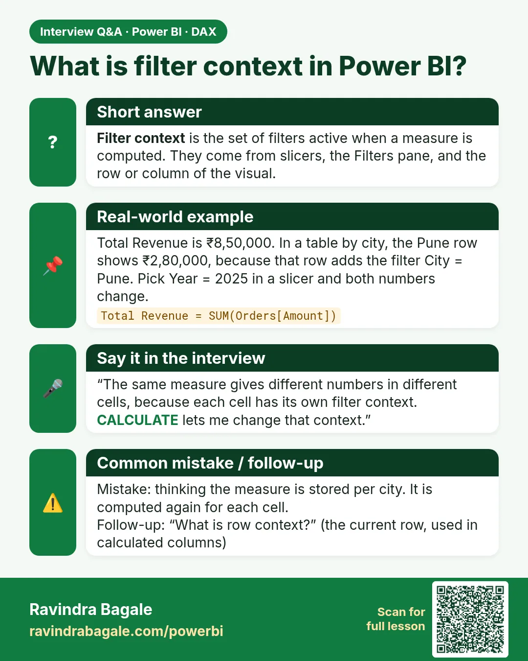 What is filter context in Power BI? Filter context is the set of filters active when a measure is computed. They come from slicers, the Filters pane, and the row or column of the visual.