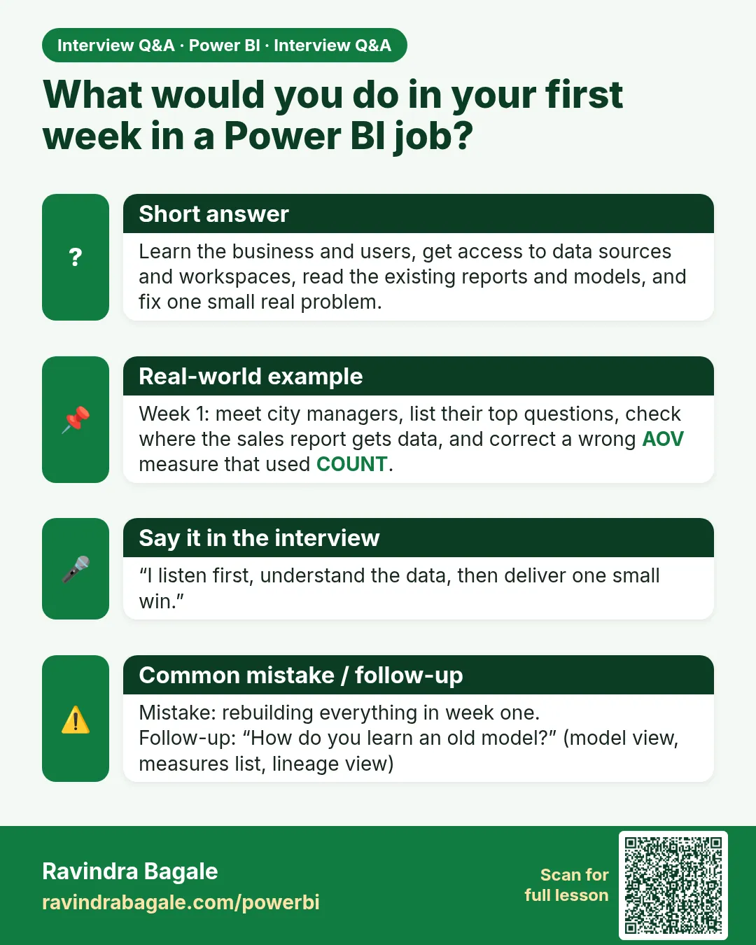 What would you do in your first week in a Power BI job? Learn the business and users, get access to data sources and workspaces, read the existing reports and models, and fix one small real problem.