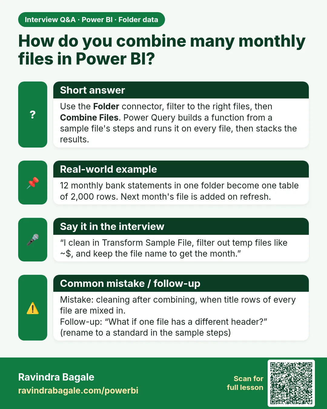How do you combine many monthly files in Power BI? Use the Folder connector, filter to the right files, then Combine Files. Power Query builds a function from a sample file's steps and runs it on every file, then stacks the results.