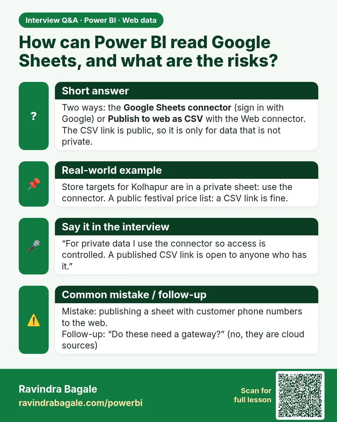How can Power BI read Google Sheets, and what are the risks? Two ways: the Google Sheets connector (sign in with Google) or Publish to web as CSV with the Web connector. The CSV link is public, so it is only for data that is not private.