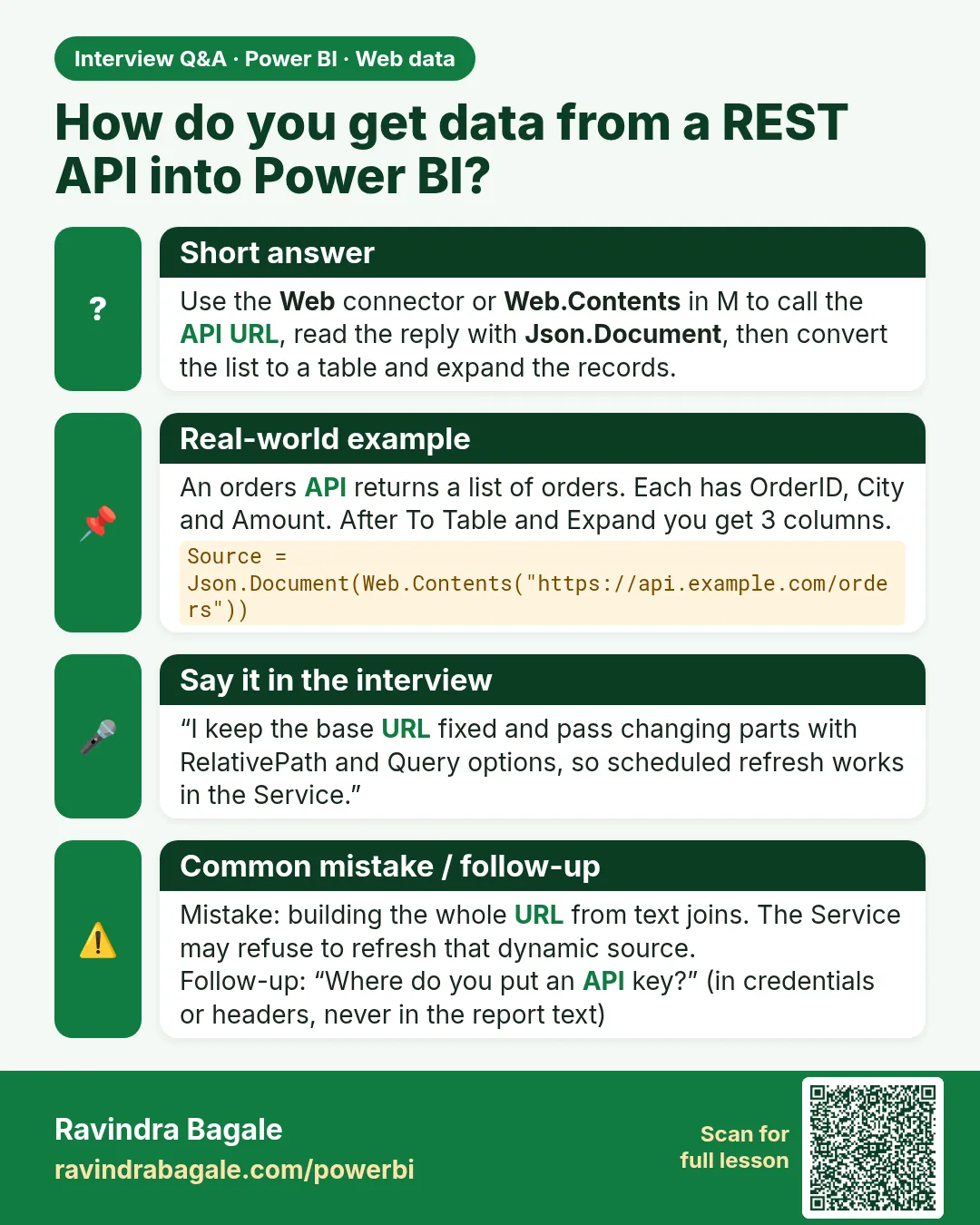 How do you get data from a REST API into Power BI? Use the Web connector or Web.Contents in M to call the API URL, read the reply with Json.Document, then convert the list to a table and expand the records.