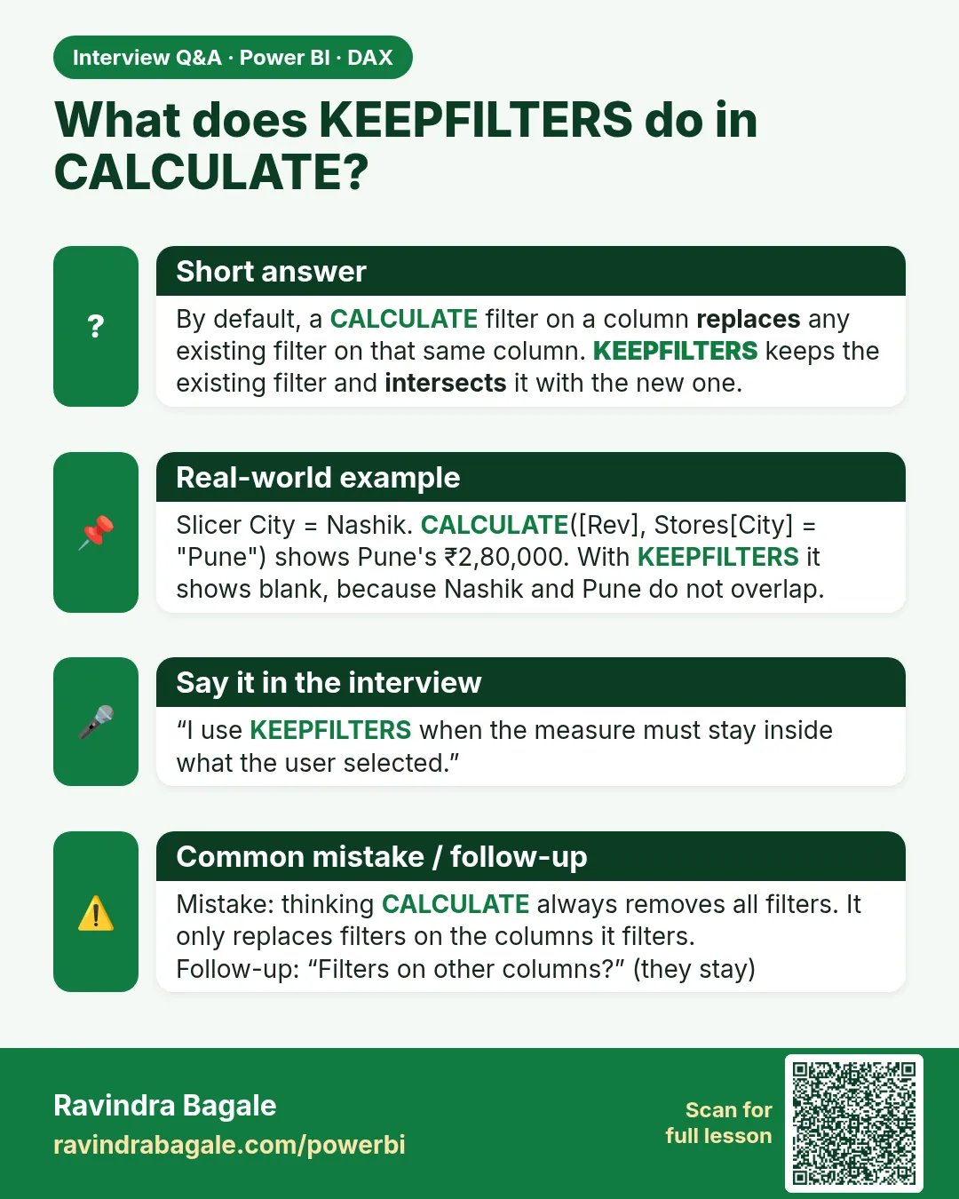 What does KEEPFILTERS do in CALCULATE? By default, a CALCULATE filter on a column replaces any existing filter on that same column. KEEPFILTERS keeps the existing filter and intersects it with the new one.