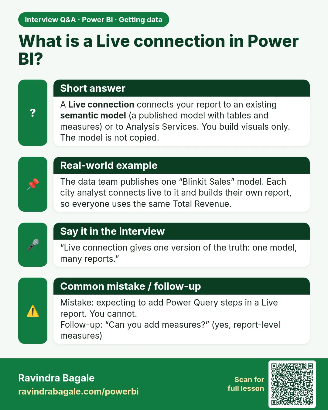 What is a Live connection in Power BI? A Live connection connects your report to an existing semantic model (a published model with tables and measures) or to Analysis Services. You build visuals only. The model is not copied.