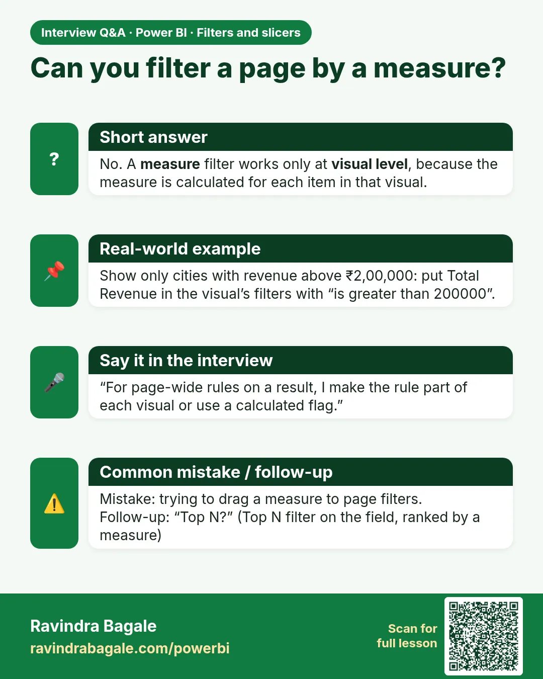 Can you filter a page by a measure? No. A measure filter works only at visual level, because the measure is calculated for each item in that visual.