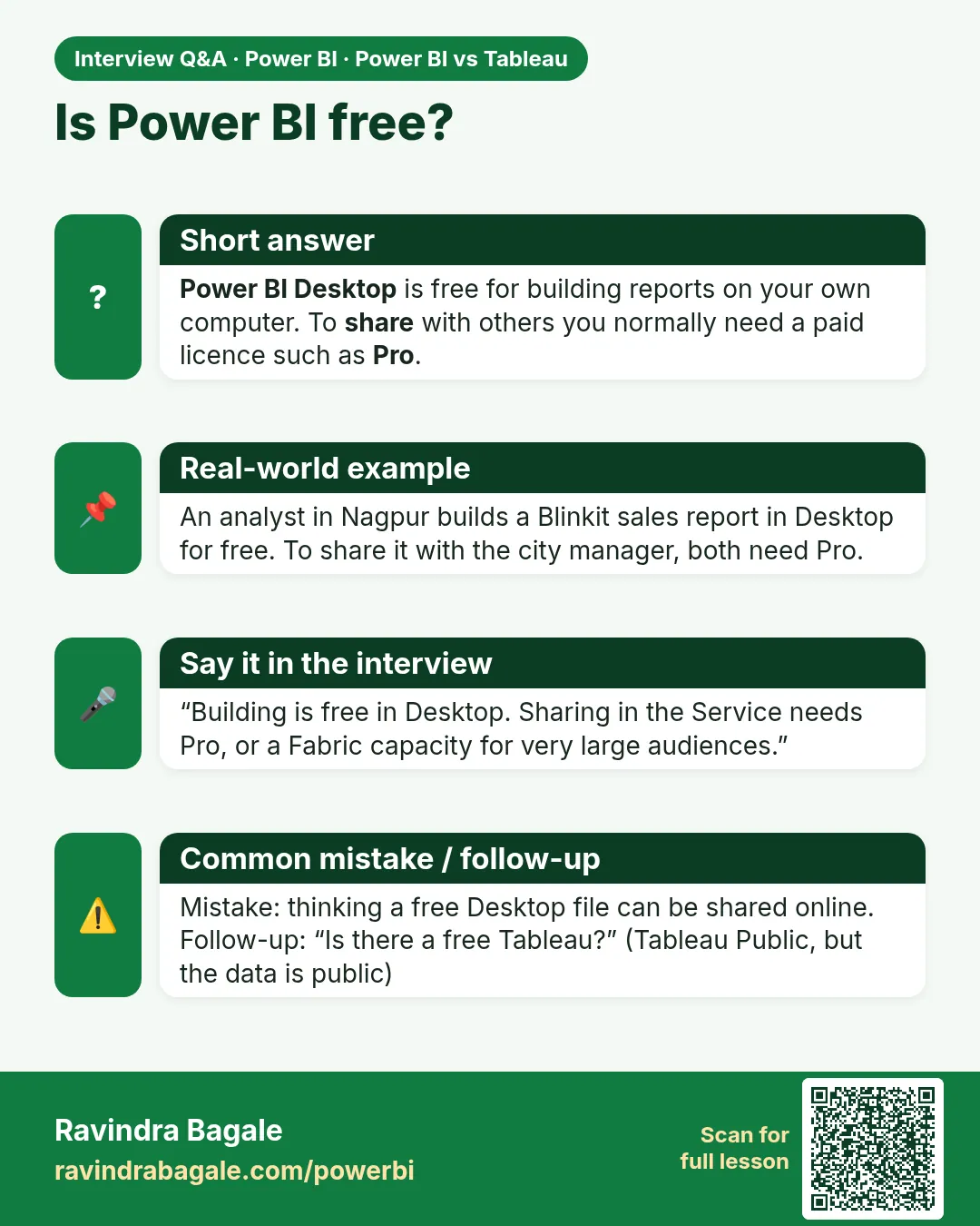 Is Power BI free? Power BI Desktop is free for building reports on your own computer. To share with others you normally need a paid licence such as Pro.