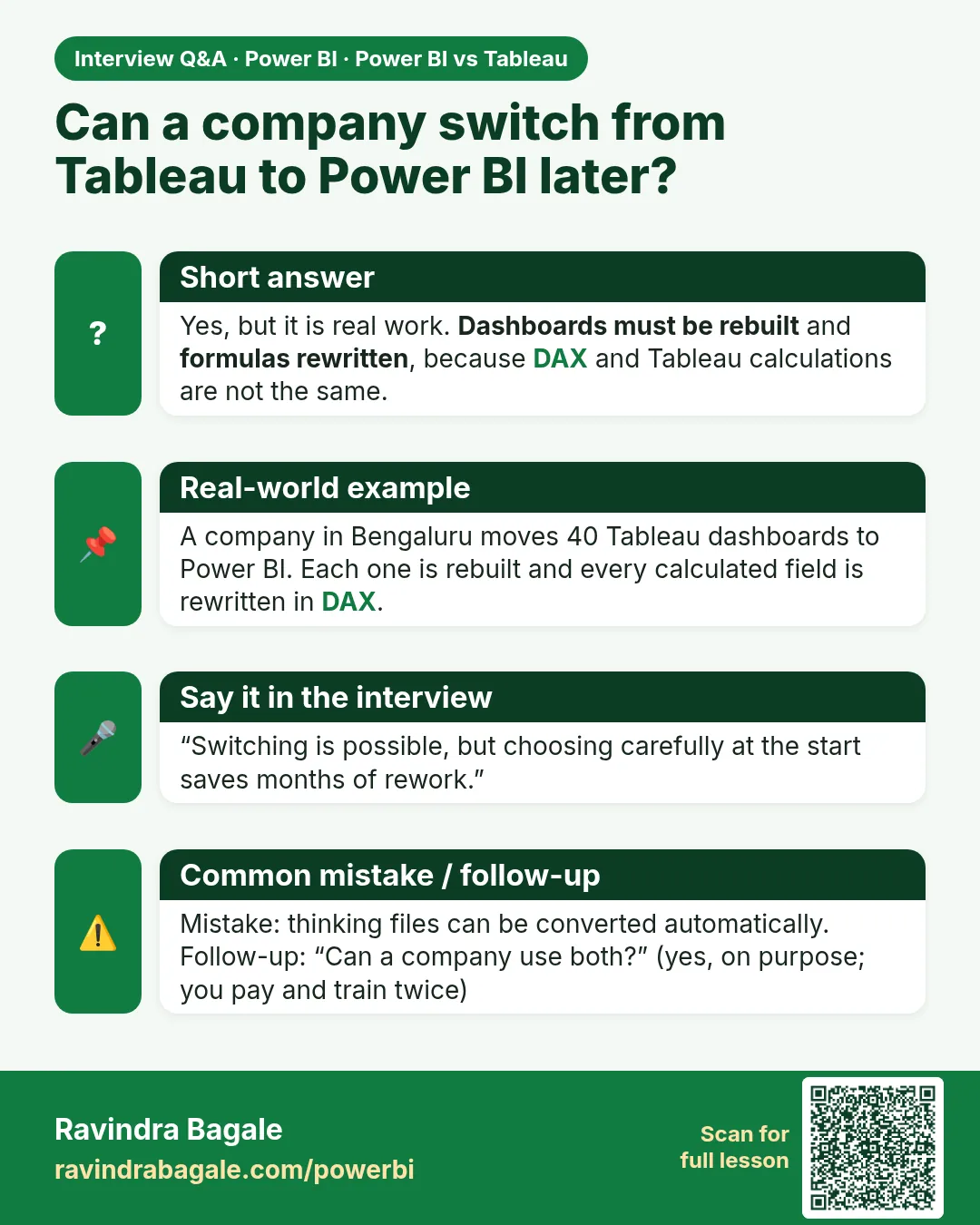 Can a company switch from Tableau to Power BI later? Yes, but it is real work. Dashboards must be rebuilt and formulas rewritten, because DAX and Tableau calculations are not the same.