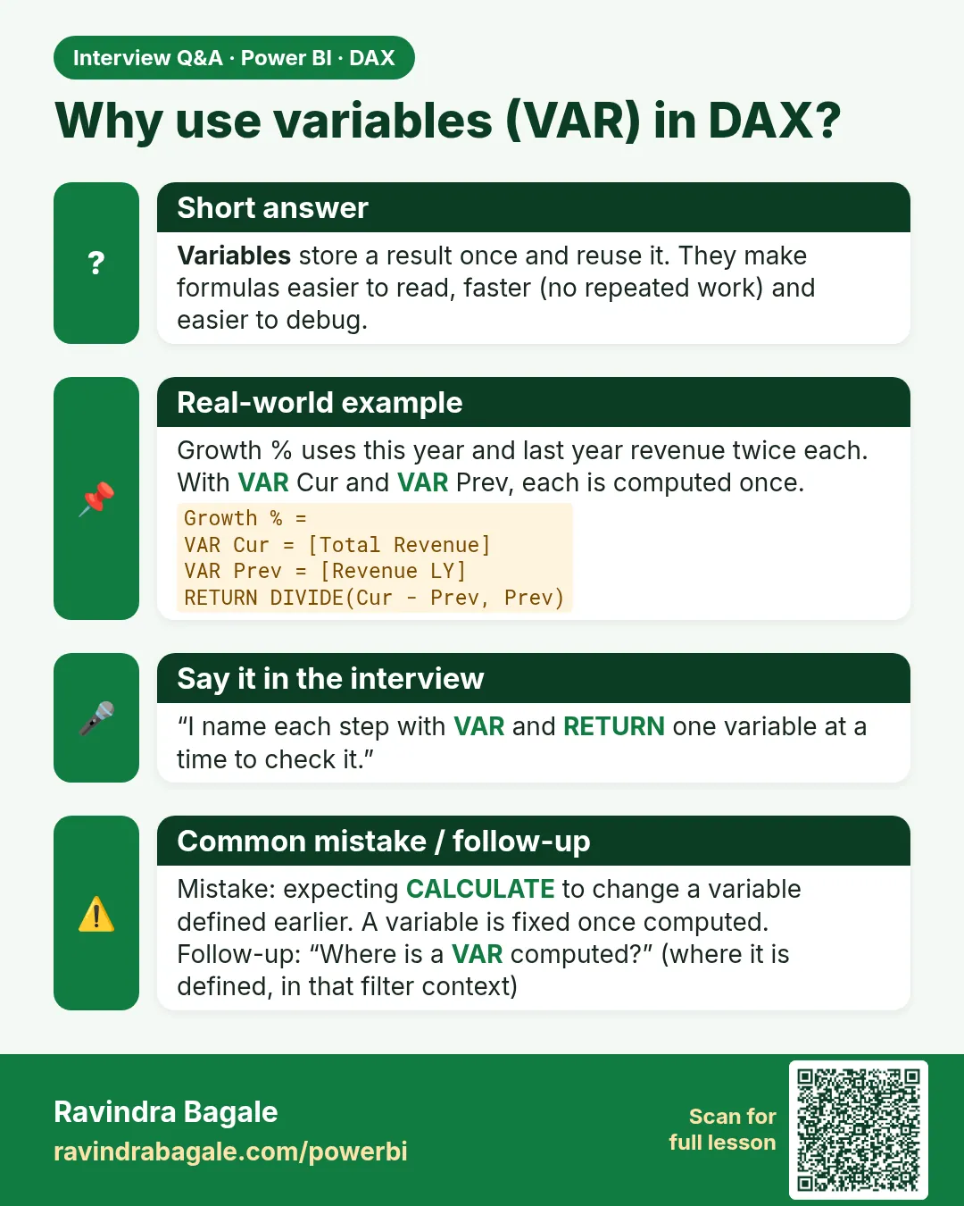 Why use variables (VAR) in DAX? Variables store a result once and reuse it. They make formulas easier to read, faster (no repeated work) and easier to debug.