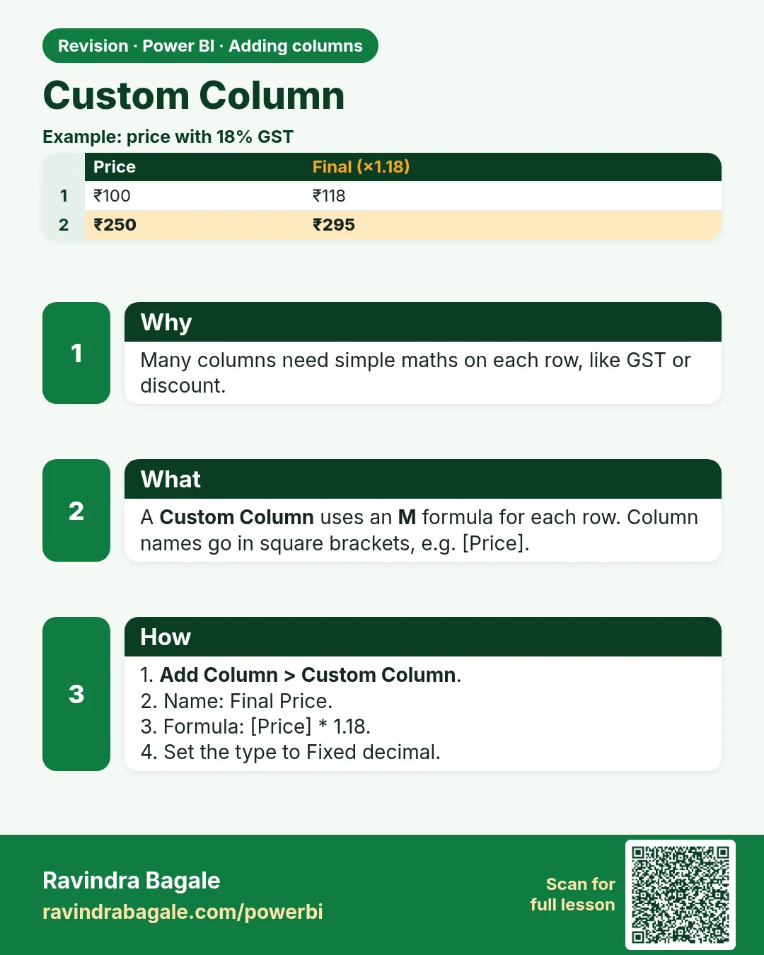 Custom Column. Many columns need simple maths on each row, like GST or discount.