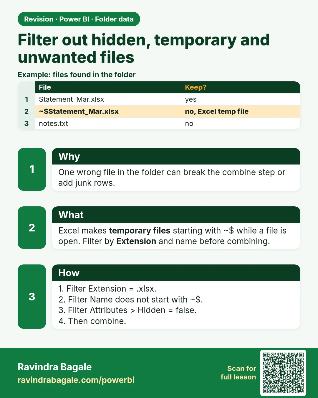 Filter out hidden, temporary and unwanted files. One wrong file in the folder can break the combine step or add junk rows.