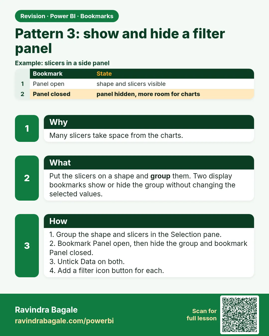 Pattern 3: show and hide a filter panel. Many slicers take space from the charts.