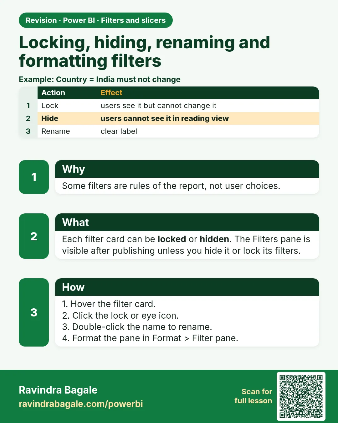 Locking, hiding, renaming and formatting filters. Some filters are rules of the report, not user choices.