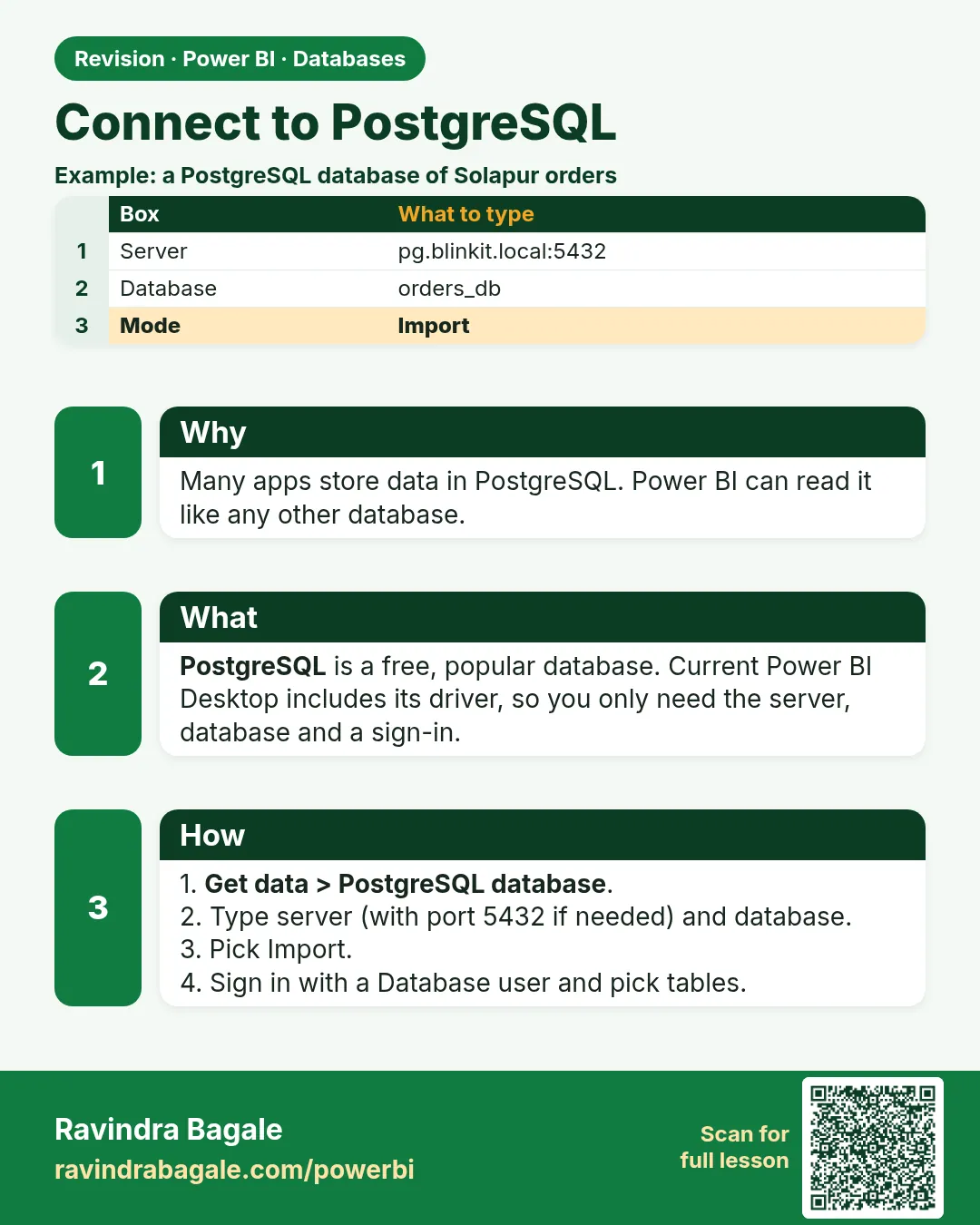 Connect to PostgreSQL. Many apps store data in PostgreSQL. Power BI can read it like any other database.