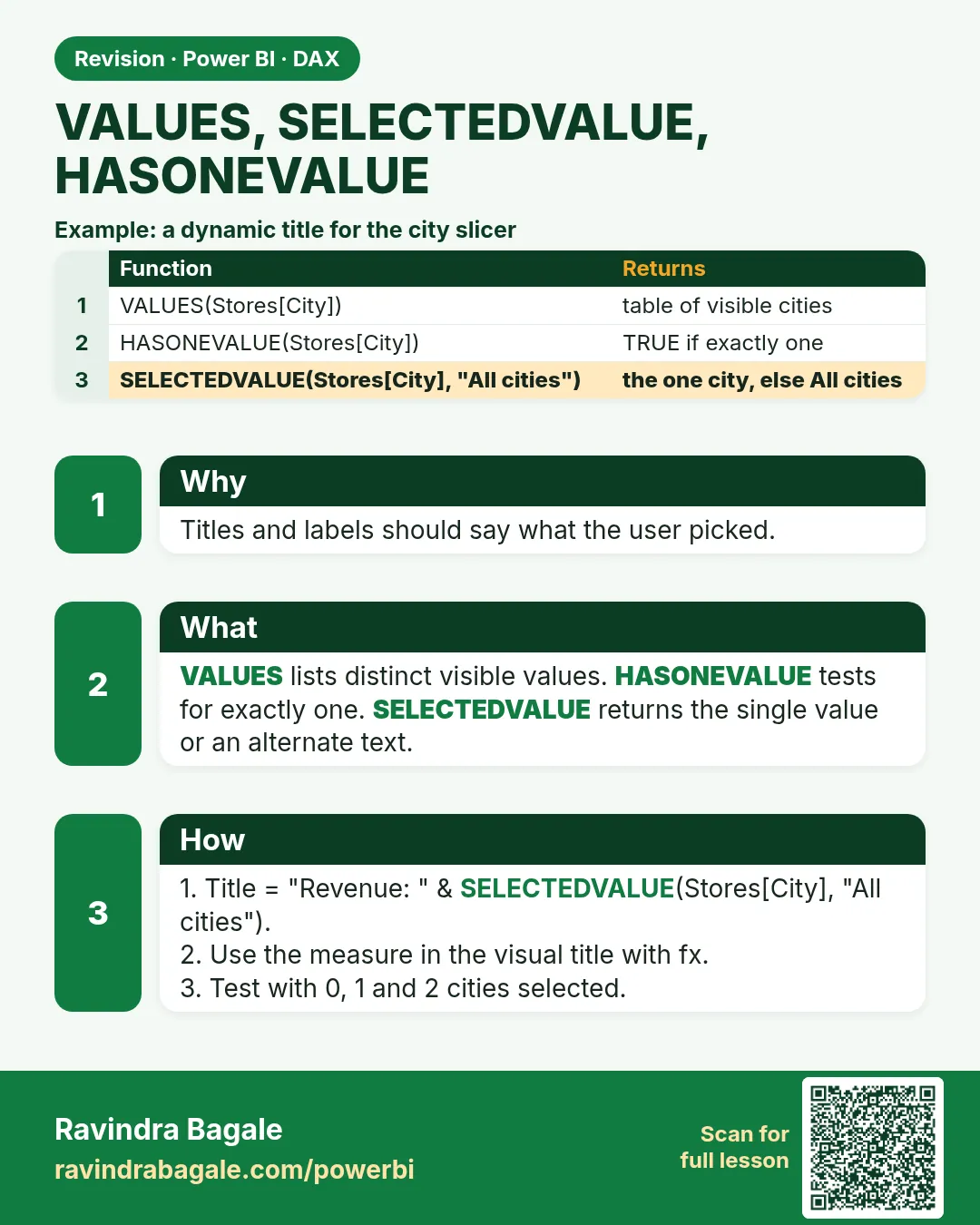 VALUES, SELECTEDVALUE, HASONEVALUE. Titles and labels should say what the user picked.