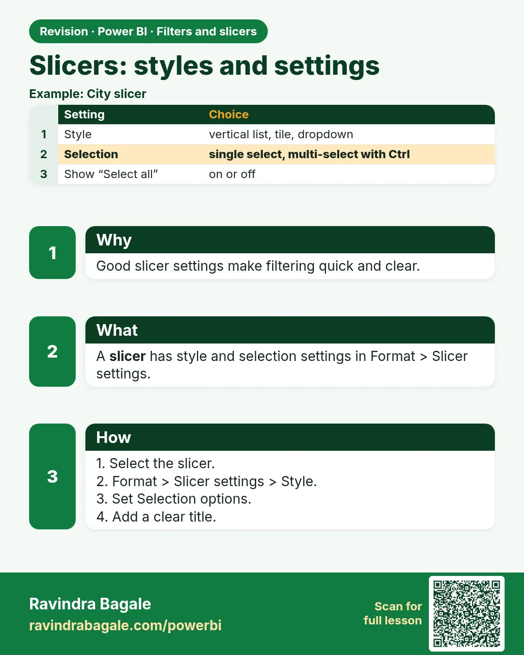 Slicers: styles and settings. Good slicer settings make filtering quick and clear.