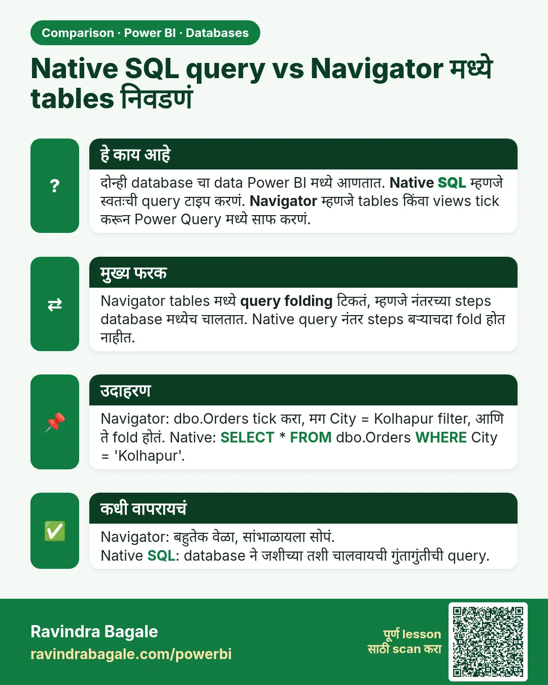 Native SQL query vs Navigator मध्ये tables निवडणं. दोन्ही database चा data Power BI मध्ये आणतात. Native SQL म्हणजे स्वतःची query टाइप करणं. Navigator म्हणजे tables किंवा views tick करून Power Query मध्ये साफ करणं.