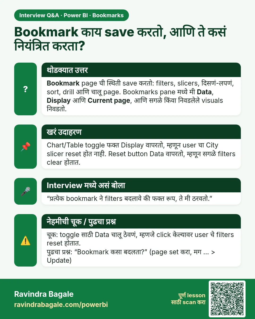 Bookmark काय save करतो, आणि ते कसं नियंत्रित करता? Bookmark page ची स्थिती save करतो: filters, slicers, दिसणं-लपणं, sort, drill आणि चालू page. Bookmarks pane मध्ये मी Data, Display आणि Current page, आणि सगळे किंवा निवडलेले visuals निवडतो.