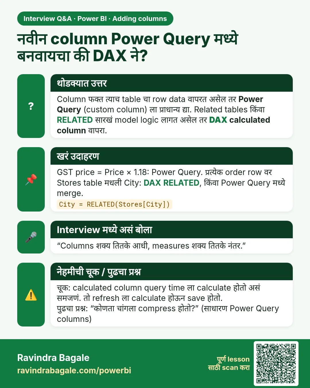 नवीन column Power Query मध्ये बनवायचा की DAX ने? Column फक्त त्याच table चा row data वापरत असेल तर Power Query (custom column) ला प्राधान्य द्या. Related tables किंवा RELATED सारखं model logic लागत असेल तर DAX calculated column वापरा.