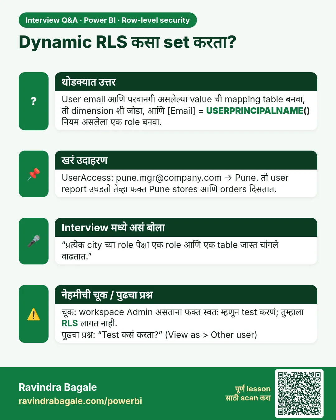 Dynamic RLS कसा set करता? User email आणि परवानगी असलेल्या value ची mapping table बनवा, ती dimension शी जोडा, आणि [Email] = USERPRINCIPALNAME() नियम असलेला एक role बनवा.