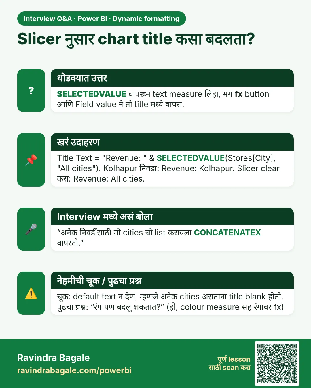 Slicer नुसार chart title कसा बदलता? SELECTEDVALUE वापरून text measure लिहा, मग fx button आणि Field value ने तो title मध्ये वापरा.
