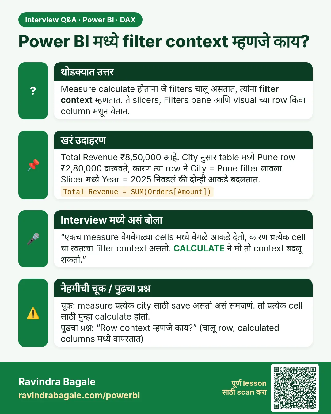 Power BI मध्ये filter context म्हणजे काय? Measure calculate होताना जे filters चालू असतात, त्यांना filter context म्हणतात. ते slicers, Filters pane आणि visual च्या row किंवा column मधून येतात.