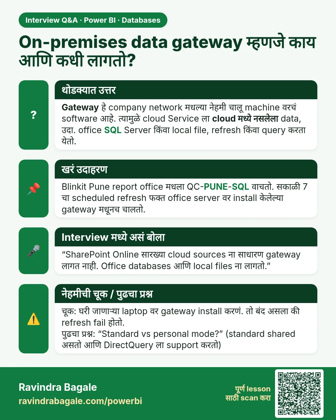 On-premises data gateway म्हणजे काय आणि कधी लागतो? Gateway हे company network मधल्या नेहमी चालू machine वरचं software आहे. त्यामुळे cloud Service ला cloud मध्ये नसलेला data, उदा. office SQL Server किंवा local file, refresh किंवा query करता येतो.