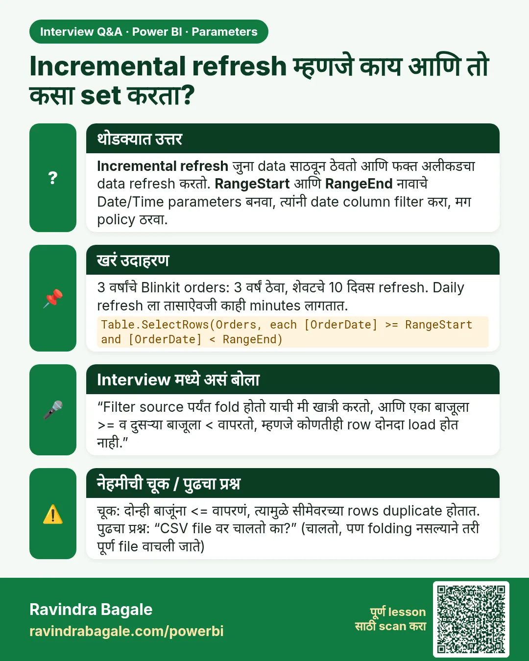 Incremental refresh म्हणजे काय आणि तो कसा set करता? Incremental refresh जुना data साठवून ठेवतो आणि फक्त अलीकडचा data refresh करतो. RangeStart आणि RangeEnd नावाचे Date/Time parameters बनवा, त्यांनी date column filter करा, मग policy ठरवा.