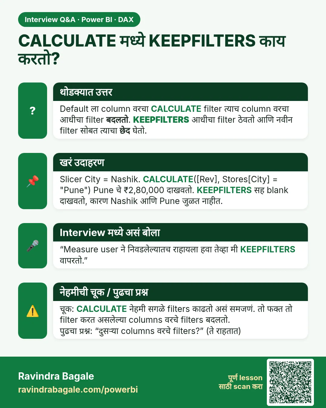 CALCULATE मध्ये KEEPFILTERS काय करतो? Default ला column वरचा CALCULATE filter त्याच column वरचा आधीचा filter बदलतो. KEEPFILTERS आधीचा filter ठेवतो आणि नवीन filter सोबत त्याचा छेद घेतो.