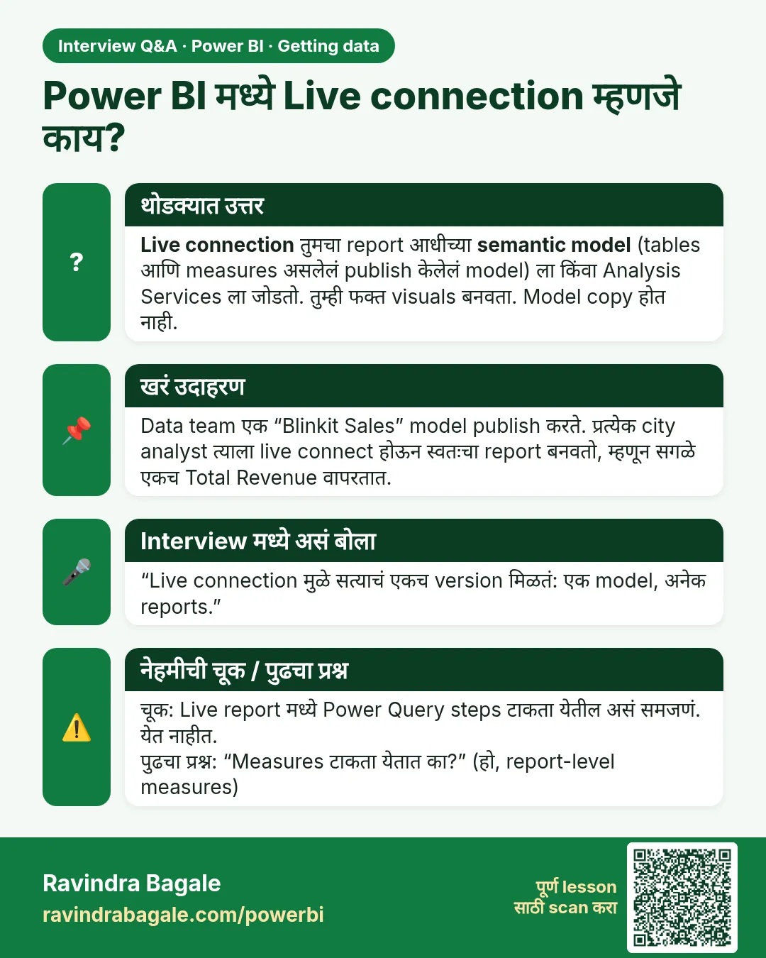 Power BI मध्ये Live connection म्हणजे काय? Live connection तुमचा report आधीच्या semantic model (tables आणि measures असलेलं publish केलेलं model) ला किंवा Analysis Services ला जोडतो. तुम्ही फक्त visuals बनवता. Model copy होत नाही.