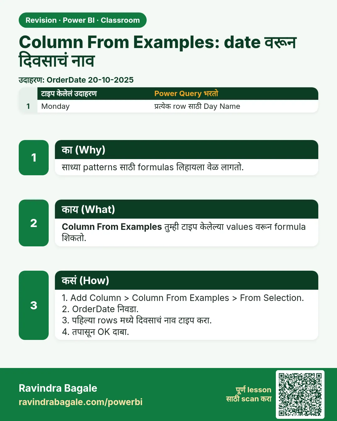 Column From Examples: date वरून दिवसाचं नाव. साध्या patterns साठी formulas लिहायला वेळ लागतो.