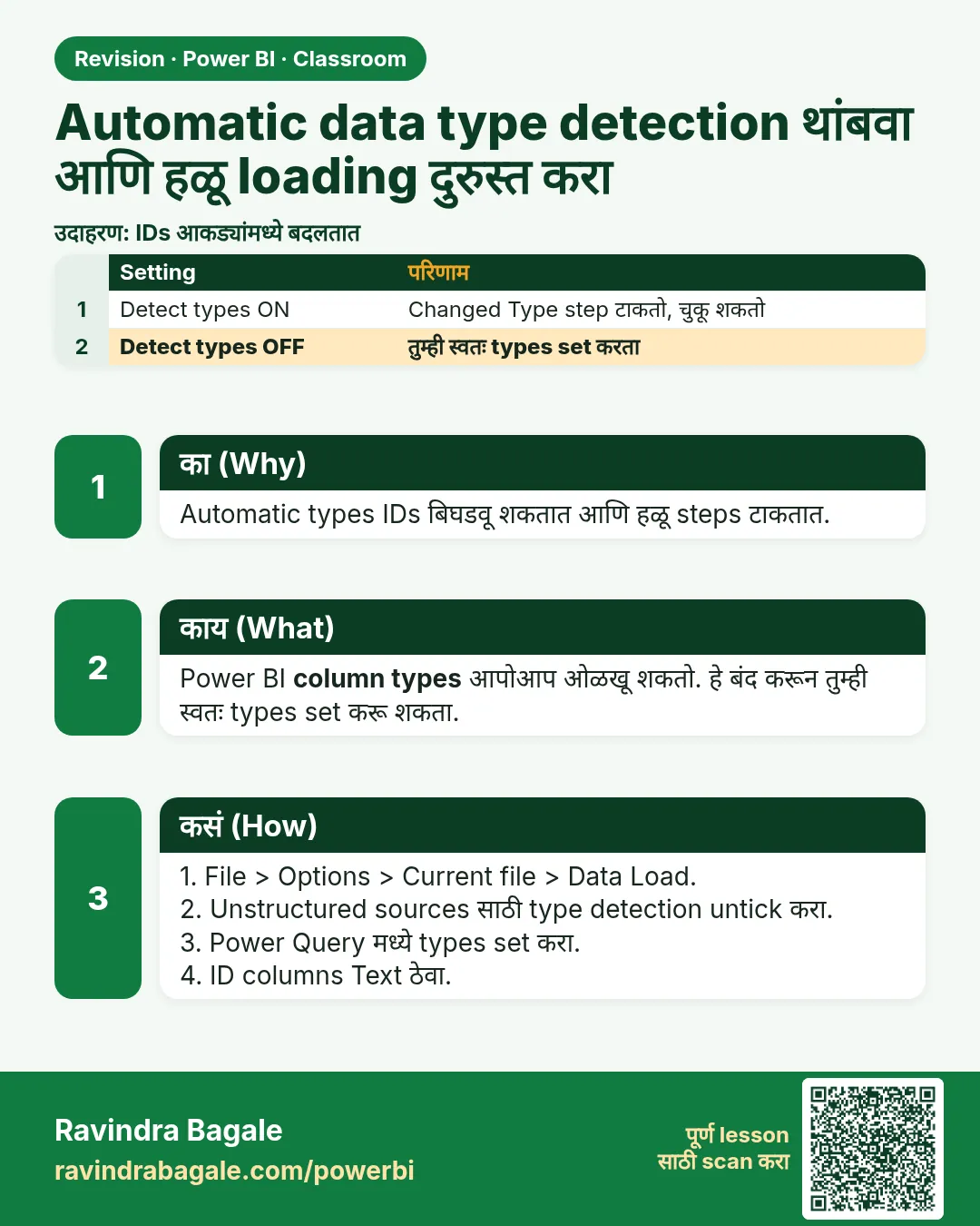 Automatic data type detection थांबवा आणि हळू loading दुरुस्त करा. Automatic types IDs बिघडवू शकतात आणि हळू steps टाकतात.