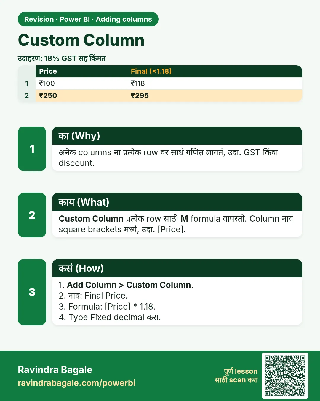 Custom Column. अनेक columns ना प्रत्येक row वर साधं गणित लागतं, उदा. GST किंवा discount.