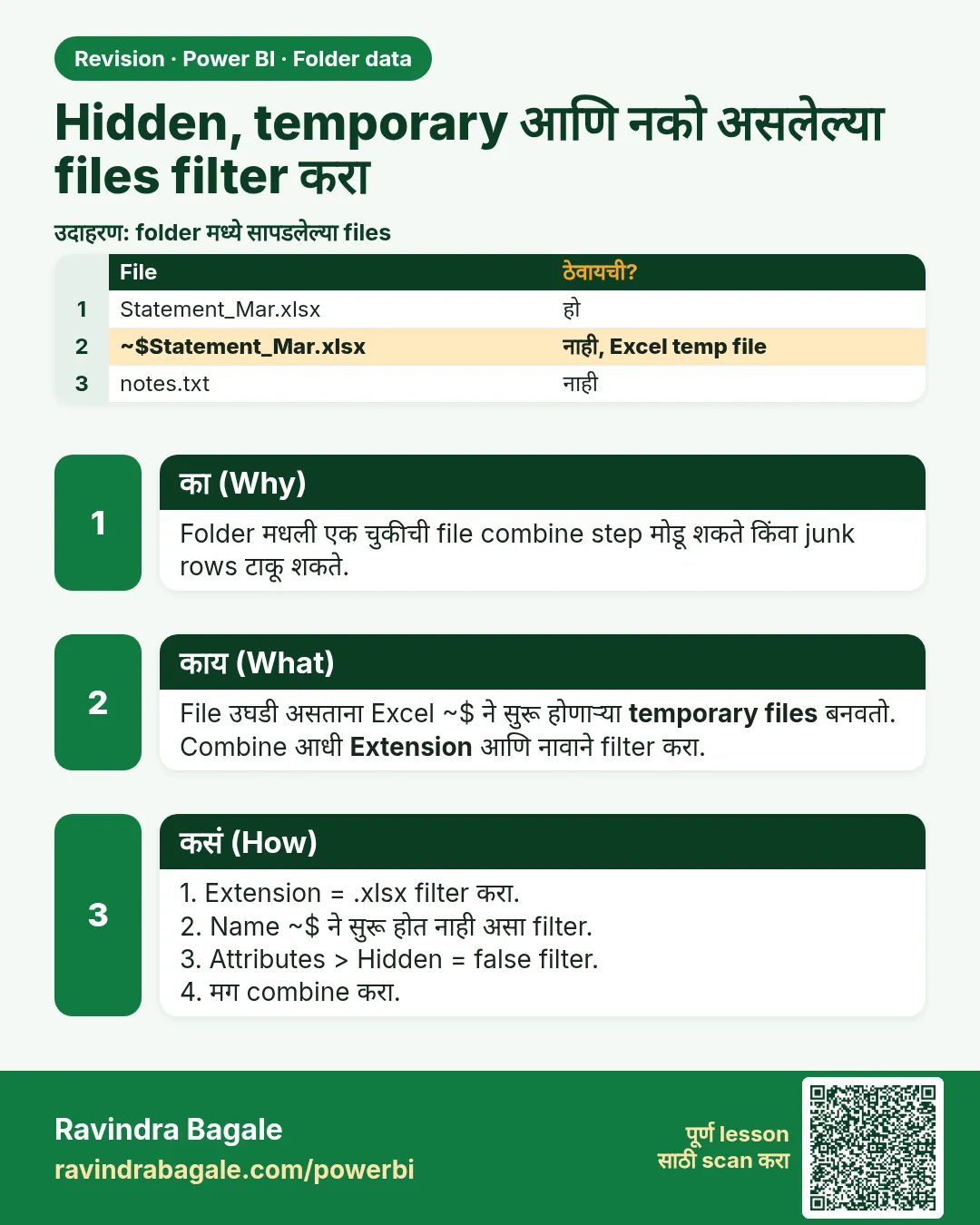 Hidden, temporary आणि नको असलेल्या files filter करा. Folder मधली एक चुकीची file combine step मोडू शकते किंवा junk rows टाकू शकते.