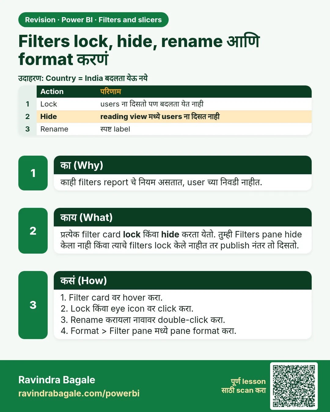 Filters lock, hide, rename आणि format करणं. काही filters report चे नियम असतात, user च्या निवडी नाहीत.