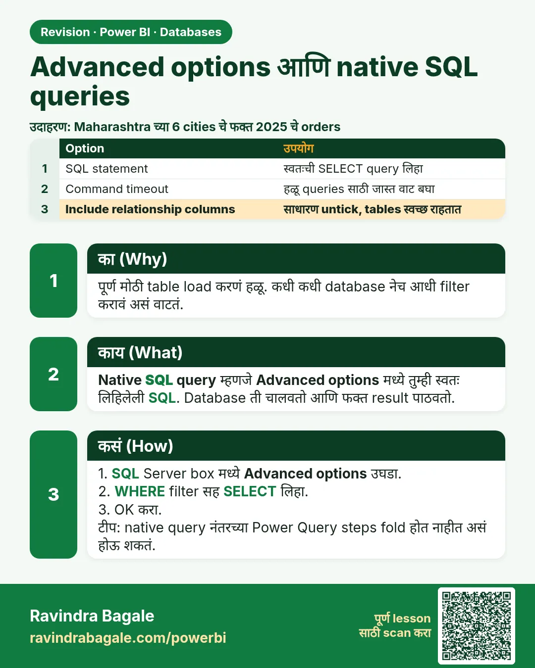Advanced options आणि native SQL queries. पूर्ण मोठी table load करणं हळू. कधी कधी database नेच आधी filter करावं असं वाटतं.