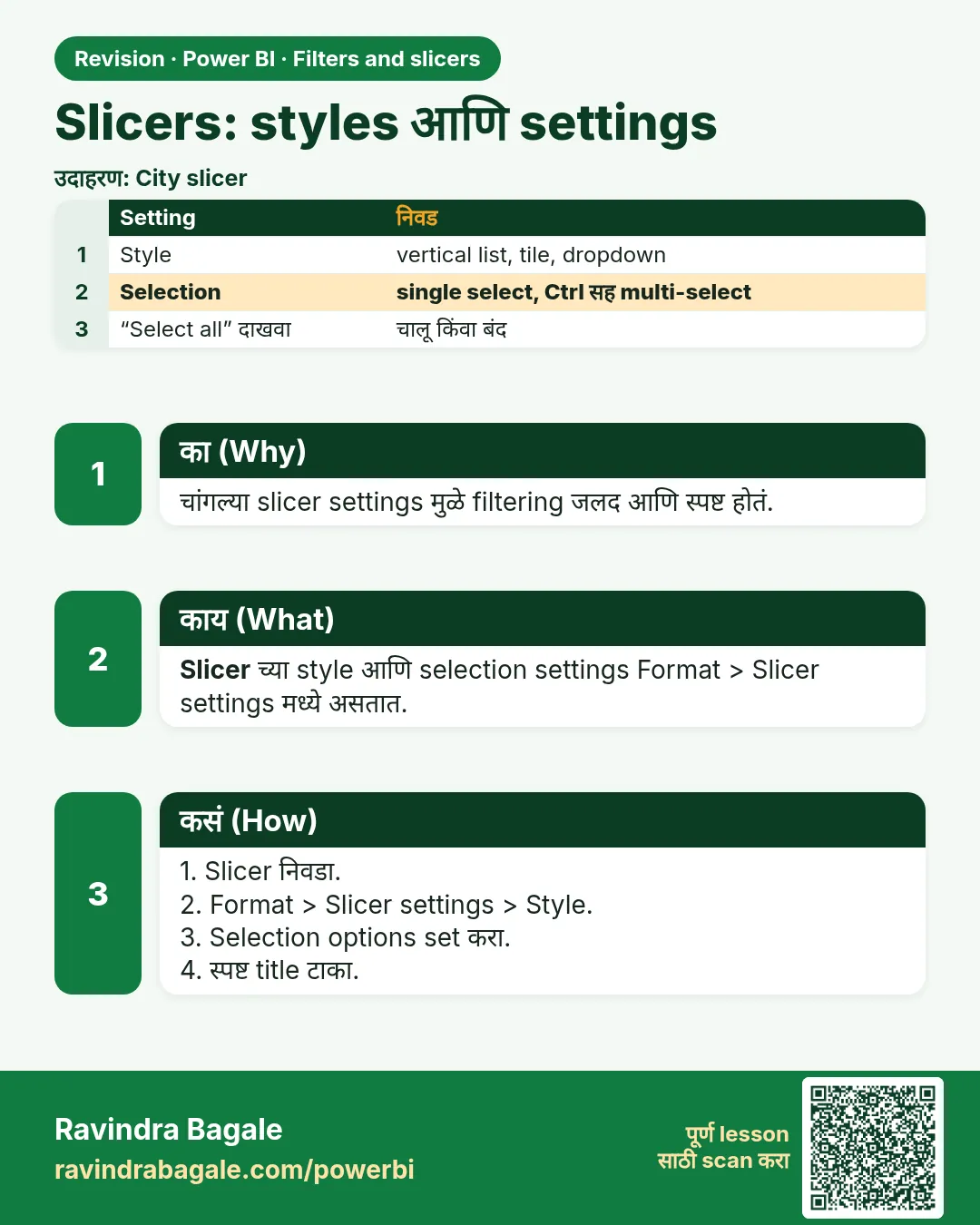 Slicers: styles आणि settings. चांगल्या slicer settings मुळे filtering जलद आणि स्पष्ट होतं.
